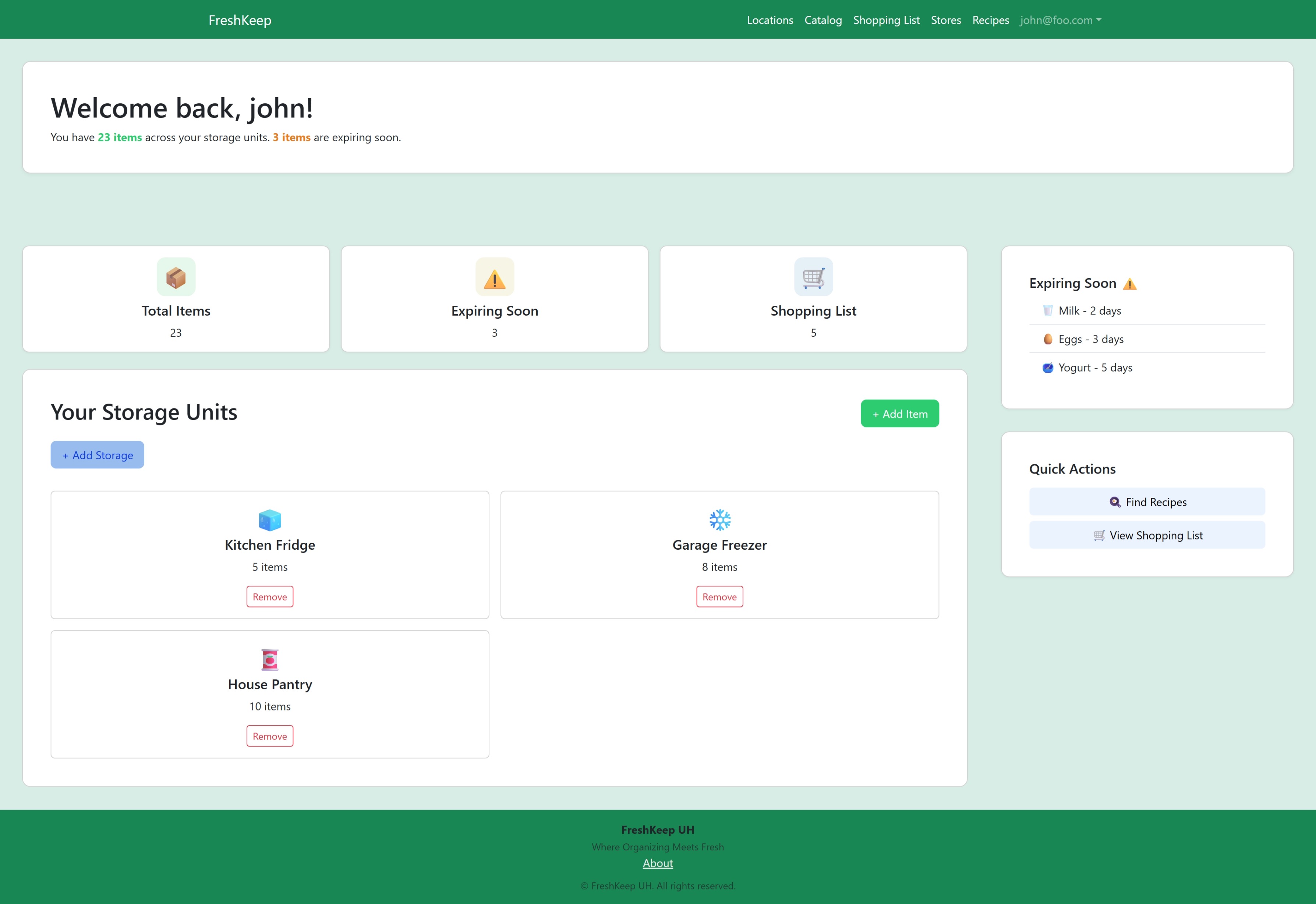 FreshKeep dashboard page