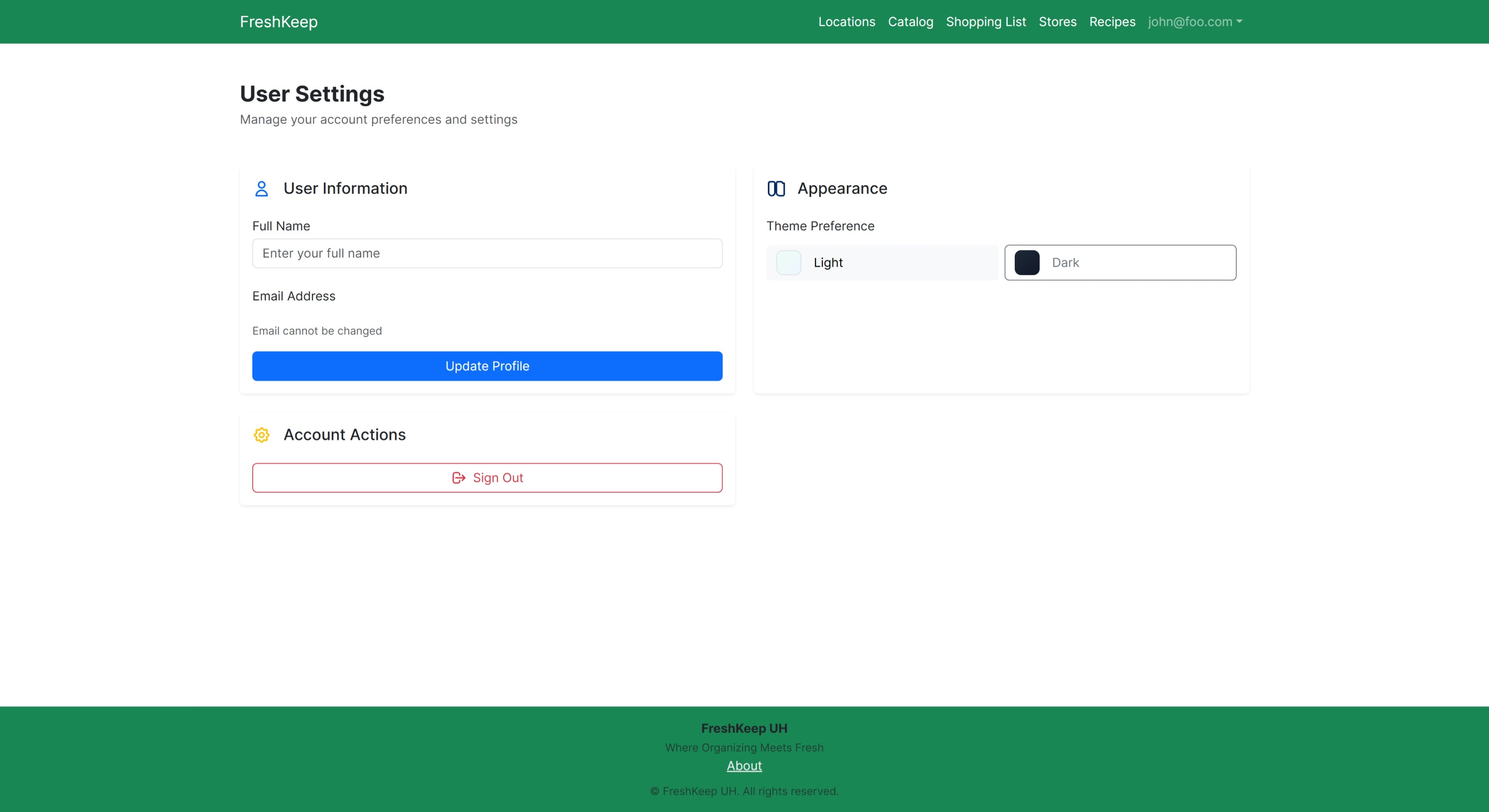 FreshKeep settings page