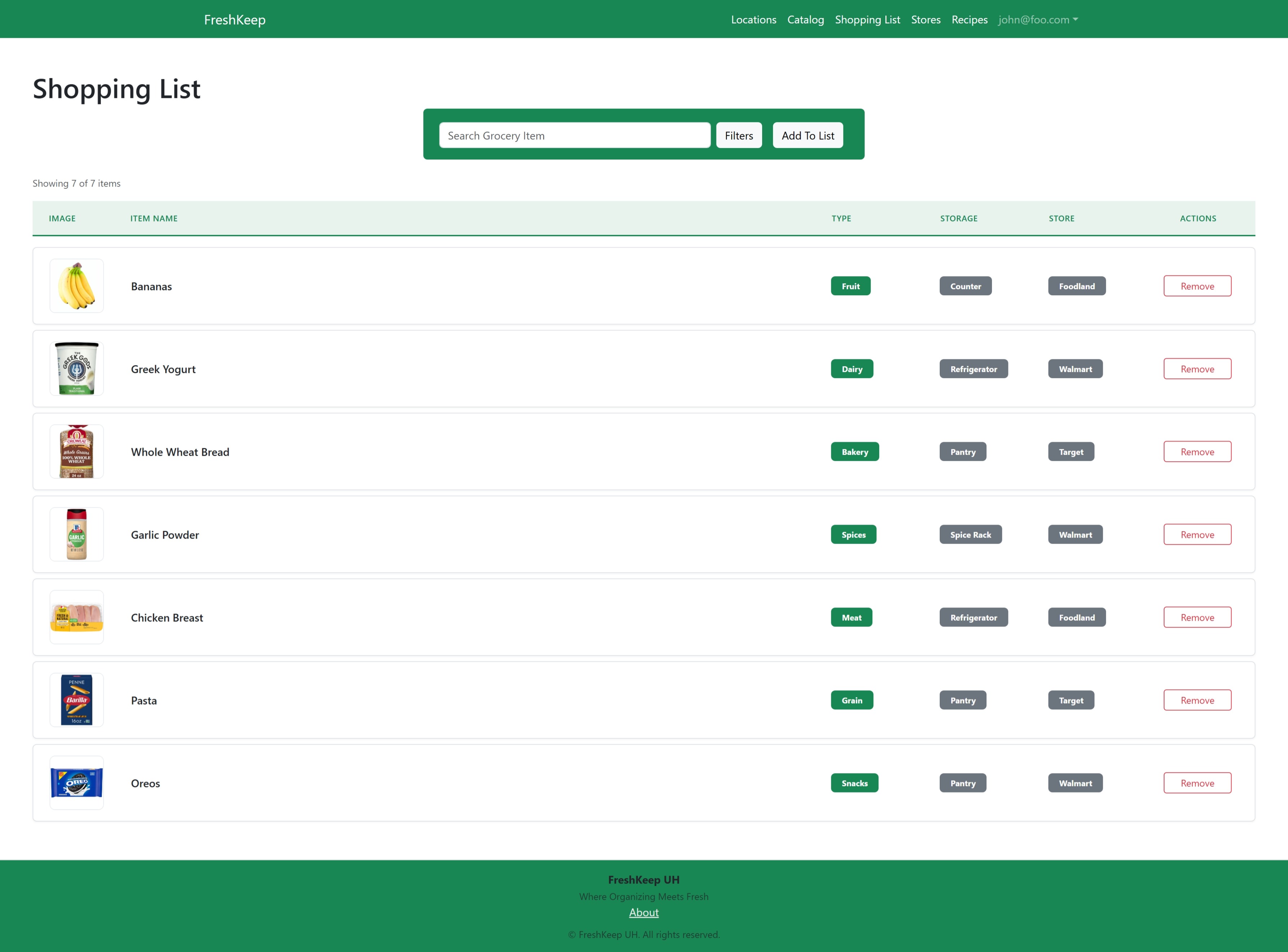 FreshKeep shopping list page