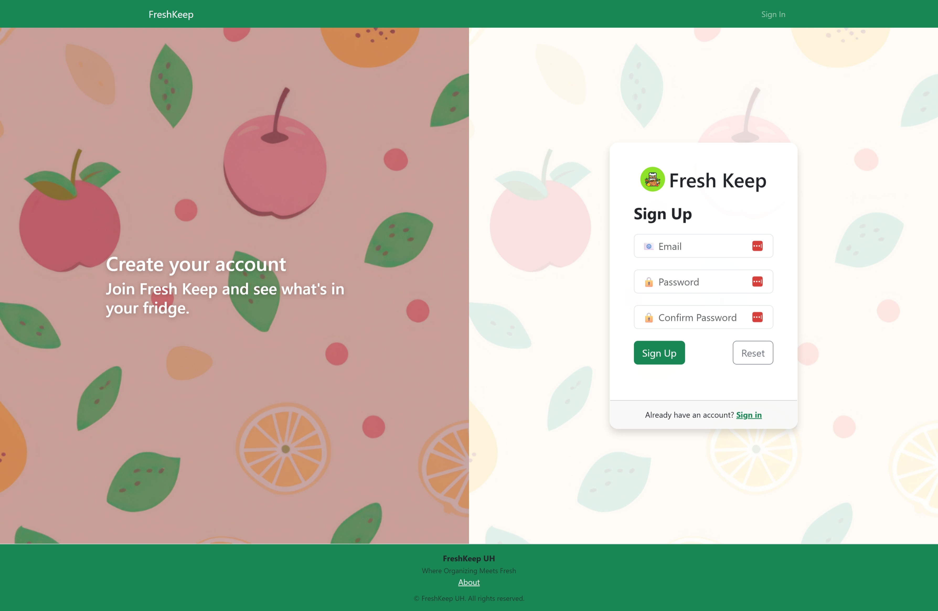 FreshKeep sign up page